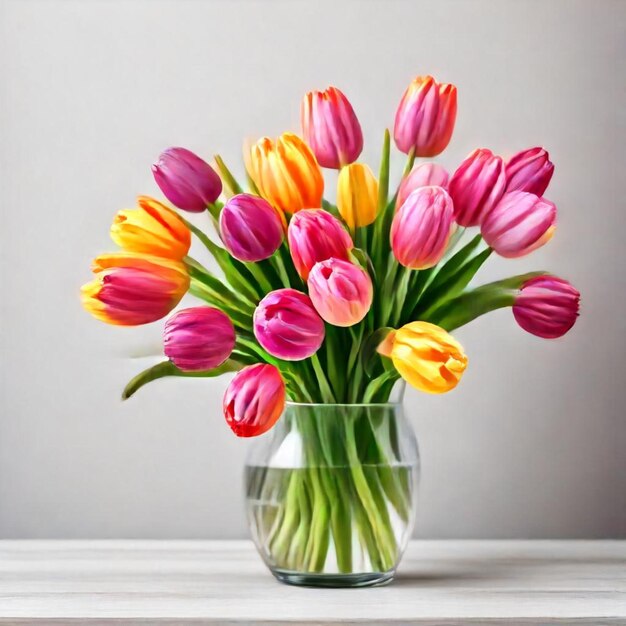 a vase of colorful flowers on a table with a gray background