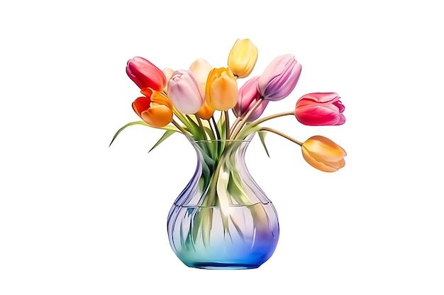 A vase of colorful tulips is on a white background.