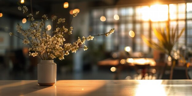 A vase containing flowers is placed on a table in a shared workspace with springthemed accents