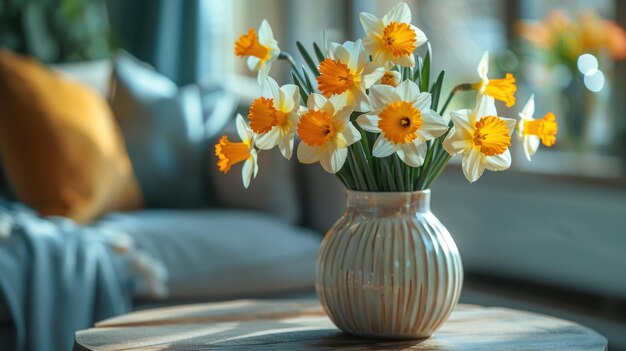 A vase of Daffodils with a yellow pillow in the background