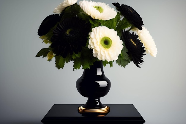 A vase of daisies is on a table with a black background.