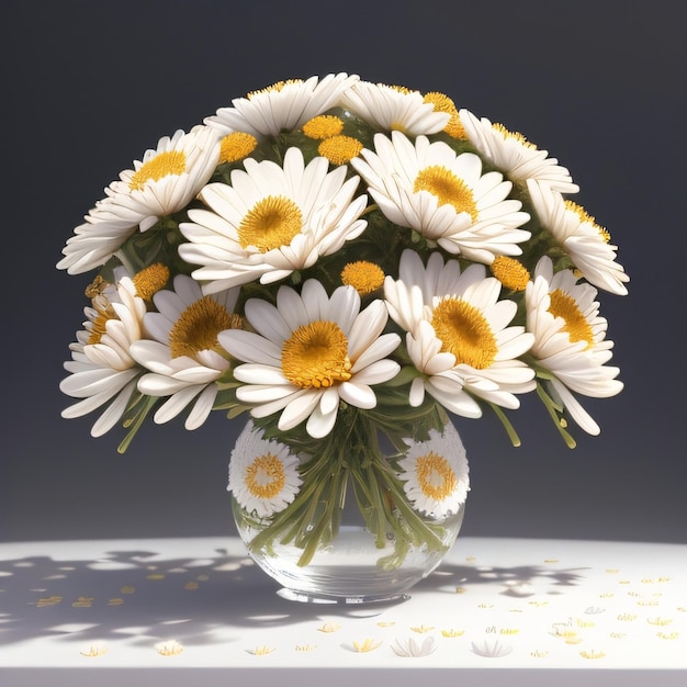 A vase of daisies is on a table with a grey background.