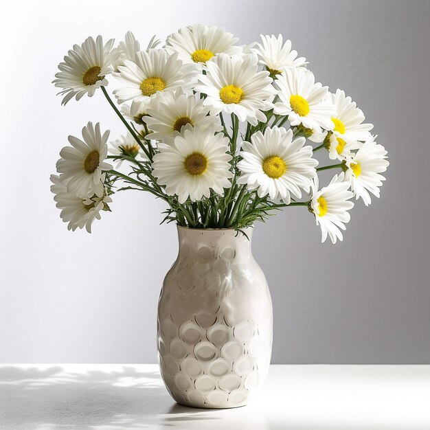 A vase of daisies is on a table with a white background.