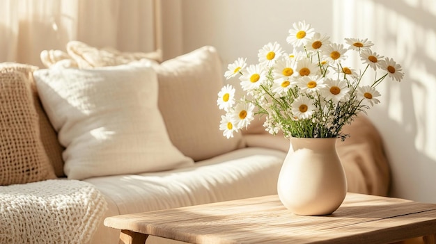 Photo a vase of daisies sits on a table in front of a couch