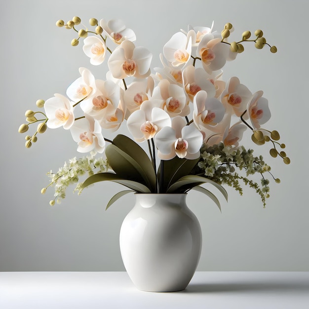 A vase of delicate orchids admired for their exotic beauty and elegance isolated on a plain sophis