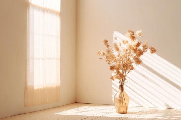 A vase of dried flowers sits on a white wooden floor in front of a window.