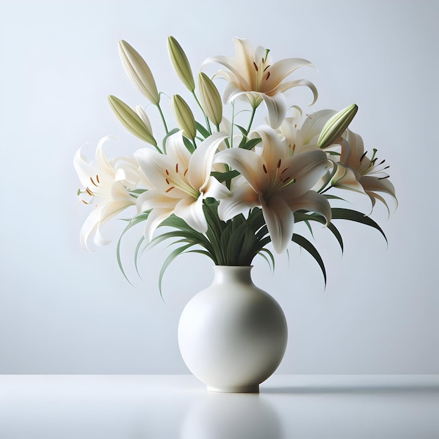 A vase of elegant lilies admired for their beauty and fragrance isolated on a plain serene white b