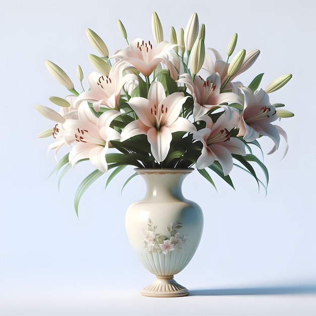 A vase of elegant lilies admired for their beauty and fragrance isolated on a plain serene white b