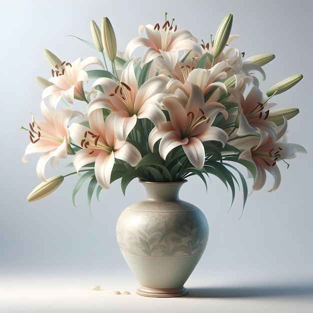 A vase of elegant lilies admired for their beauty and fragrance isolated on a plain serene white b