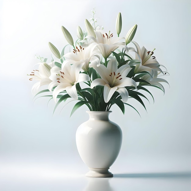 A vase of elegant lilies admired for their beauty and fragrance isolated on a plain serene white b