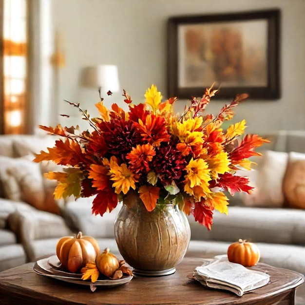 Photo a vase of fall flowers sits on a table next to a book