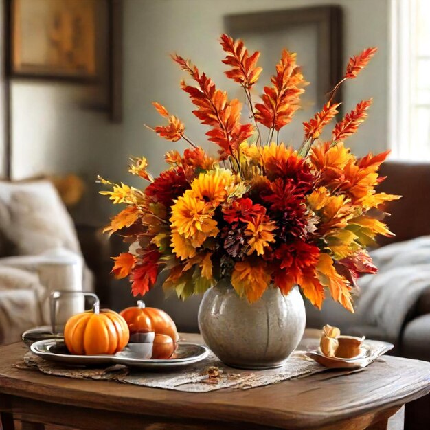 a vase of fall flowers sits on a table in front of a vase of fall leaves