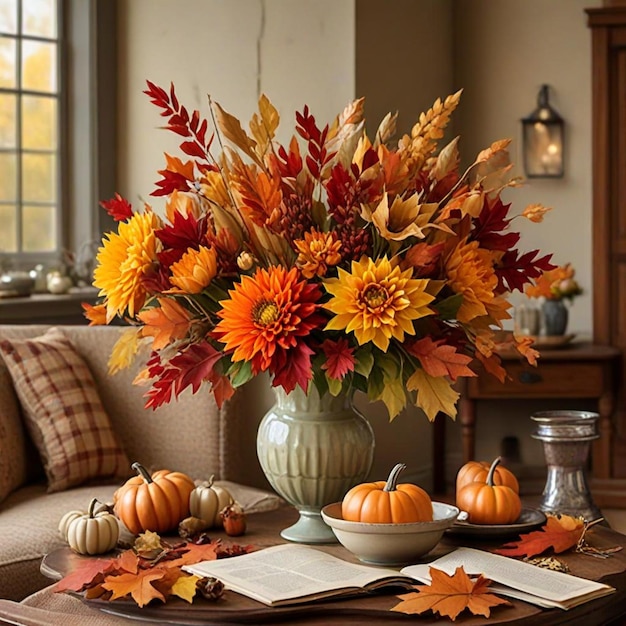 a vase of fall flowers sits on a table next to a vase of fall leaves