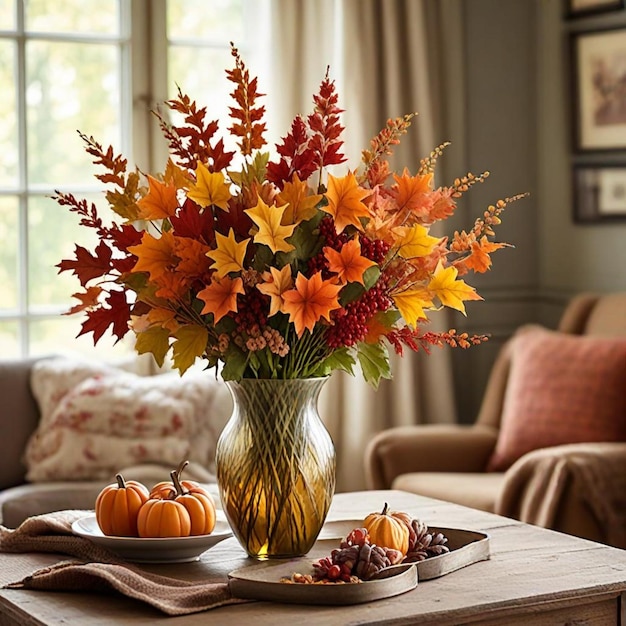 a vase of fall flowers sits on a table