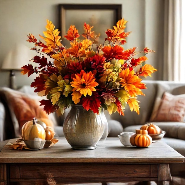 a vase of fall leaves sits on a table next to a vase of fall leaves