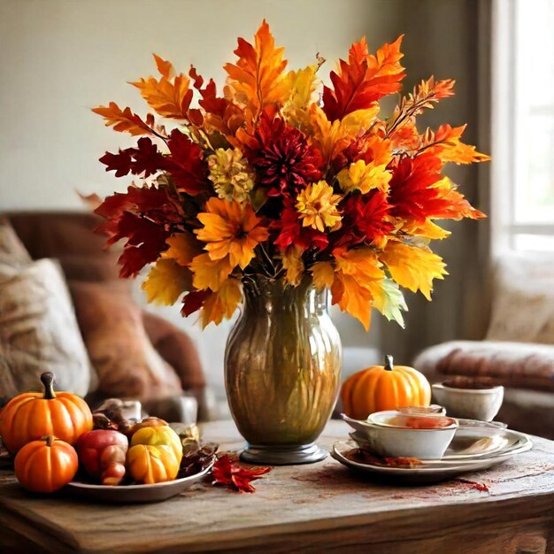 Photo a vase of fall leaves sits on a table next to a vase of fall leaves