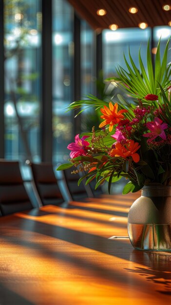 A vase filled with flowers sits elegantly on top of a wooden table