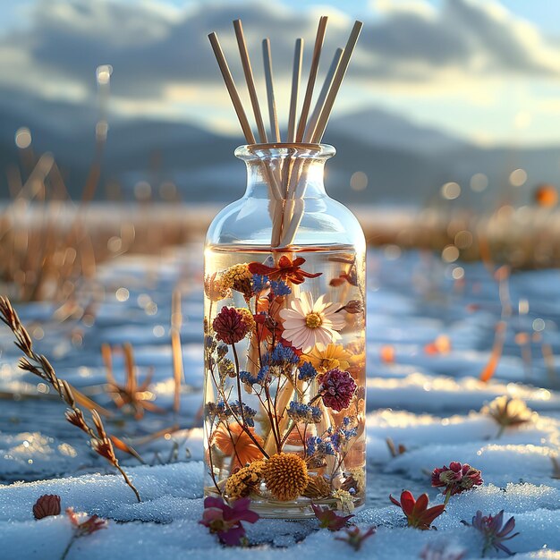 Photo a vase filled with flowers and sticks is placed on a snowy field