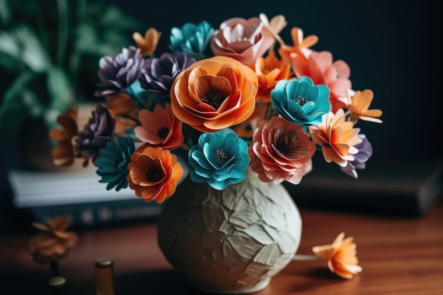 A Vase Filled With Paper Flowers Generative AI