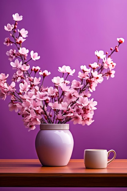 Vase filled with pink flowers next to coffee cup Generative AI