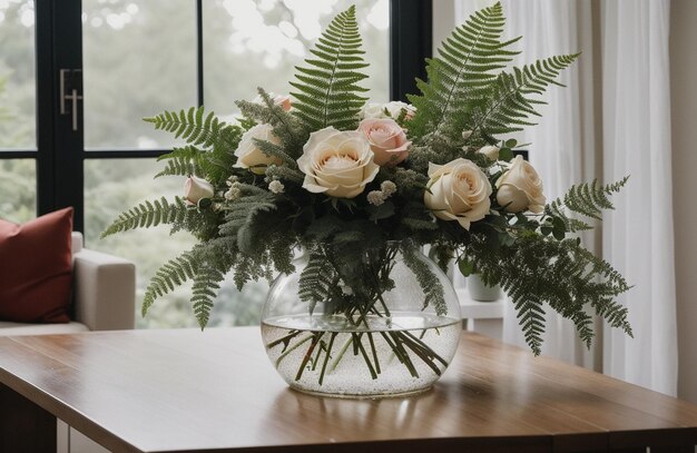 Photo a vase filled with a plant sitting on top of a table plants in a glass vase generated by ai