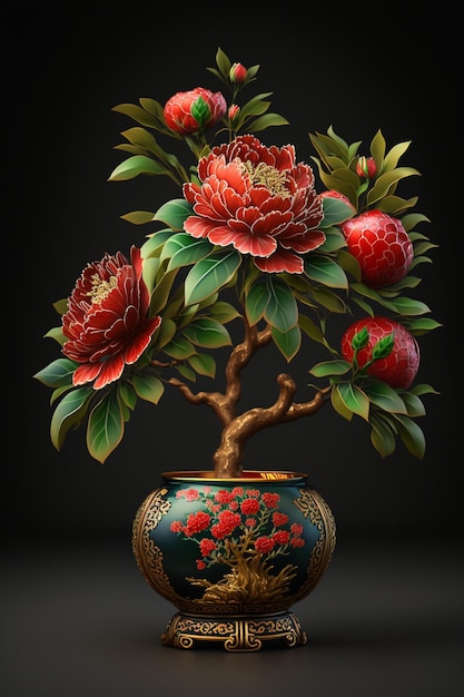 Vase filled with red flowers and green leaves generative ai