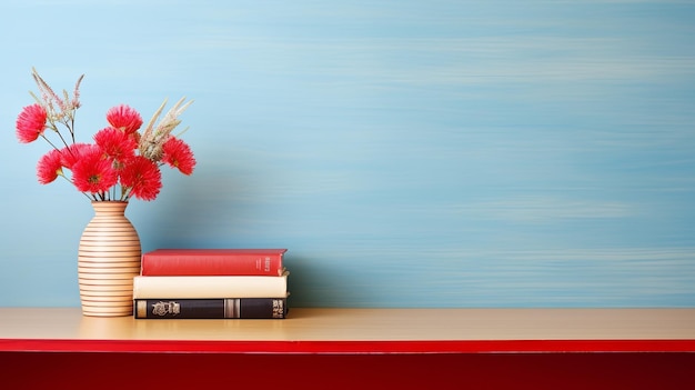 Vase Filled With Red Flowers Next to a Stack of Books