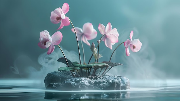 a vase filled with a variety of pink and white flowers including a large gray rock