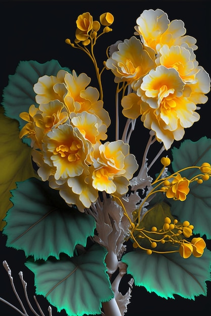 Vase filled with yellow flowers and green leaves generative ai