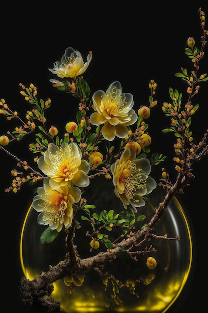 Vase filled with yellow flowers sitting on top of a table generative ai