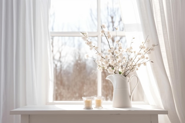 a vase of flowers and a candle on a table