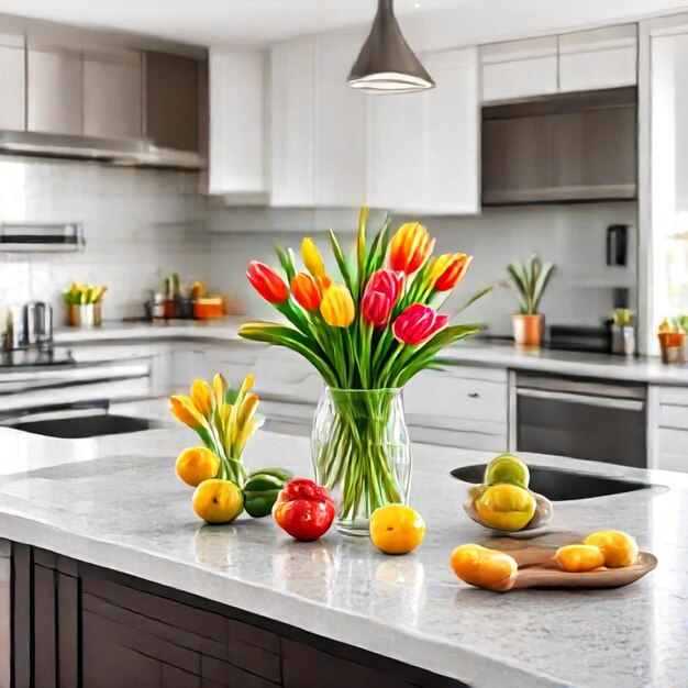 a vase of flowers on a counter with a vase of flowers on it