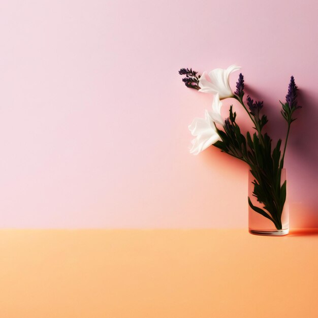 A vase of flowers is in front of a pink and purple wall.