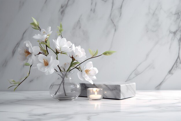 Photo a vase of flowers is next to a marble countertop.