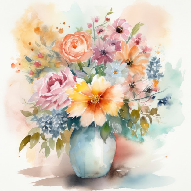 A vase of flowers is painted with a watercolor background