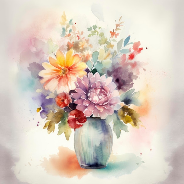 A vase of flowers is painted with watercolors.