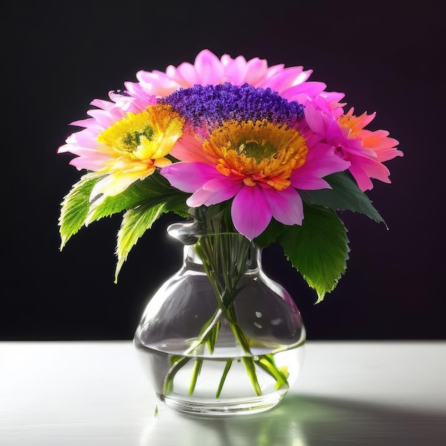 A vase of flowers is on a table with a black background behind it.