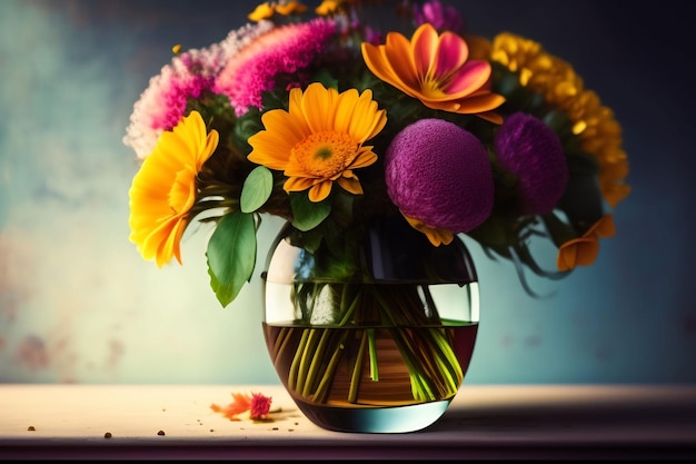 A vase of flowers is on a table with a blue background.