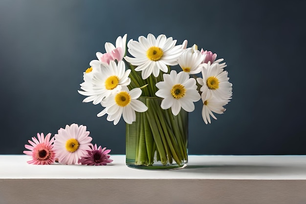 A vase of flowers is on a table with a dark background.