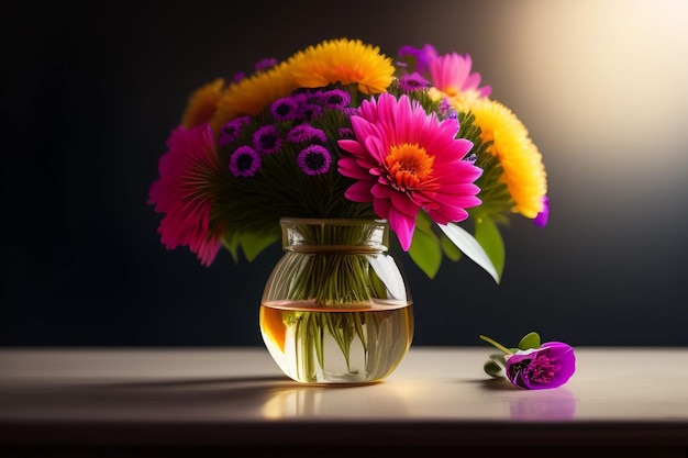 A vase of flowers is on a table with a pink and yellow flower.