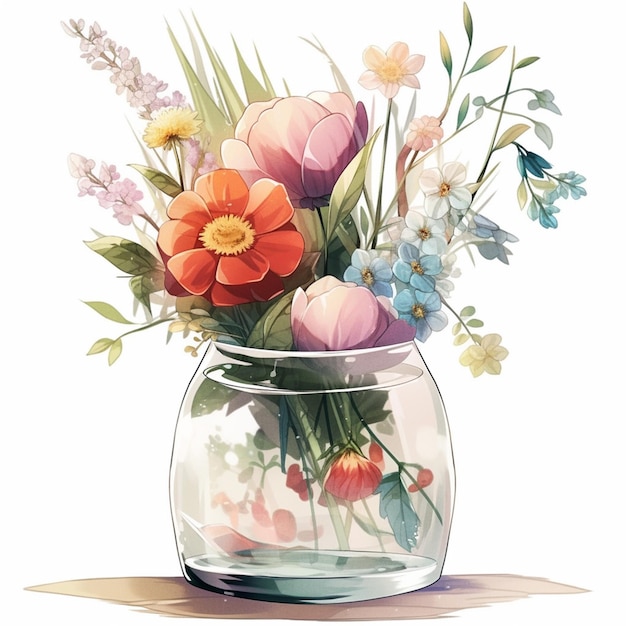 A vase of flowers is on a table with a white background.