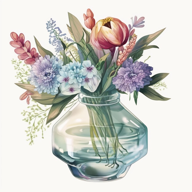 A vase of flowers is on a white background with a blue vase with a pink tulip in it.