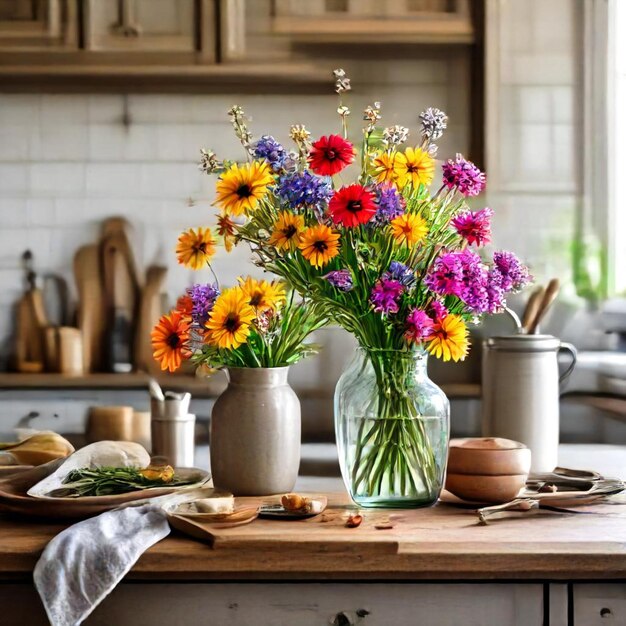 a vase of flowers on a kitchen counter with a white towel