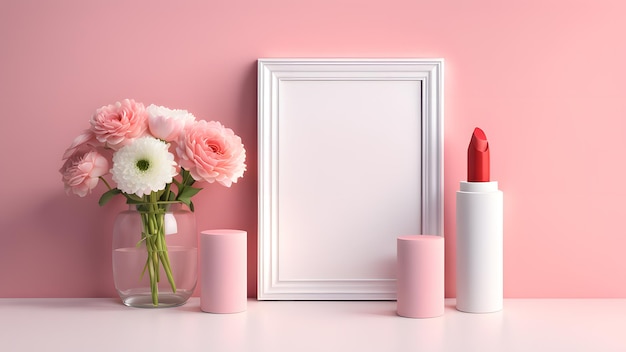 a vase of flowers red lipstick and a picture frame on a table suitable for cosmetic concept