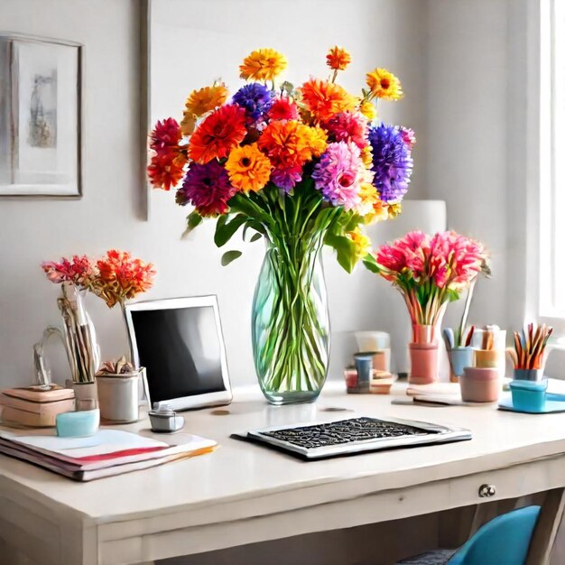 a vase of flowers sits on a desk with a laptop on it