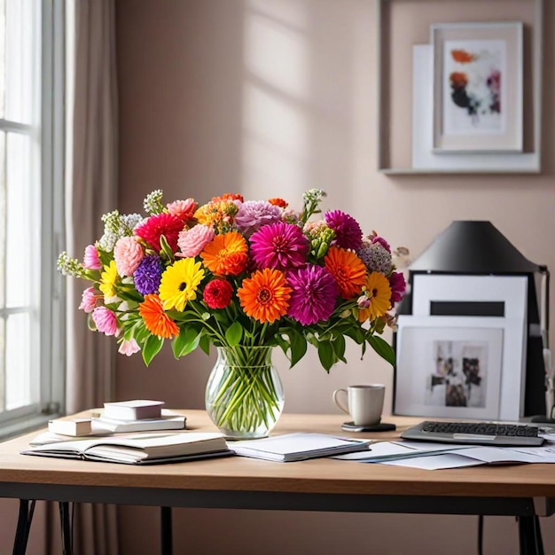 Photo a vase of flowers sits on a desk with a picture of a framed picture of a book and a picture of a framed picture