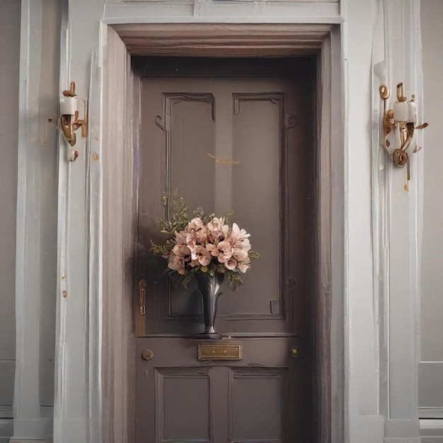 a vase of flowers sits in front of a door