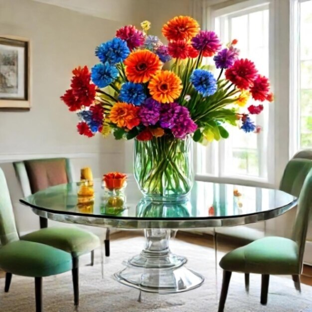 Photo a vase of flowers sits on a glass table in a living room