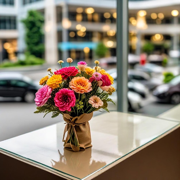 Photo a vase of flowers sits on a glass table