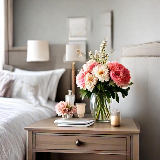 Photo a vase of flowers sits on a nightstand next to a bed